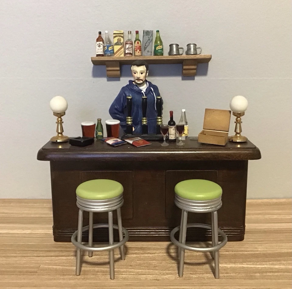 Vintage Dollhouse Miniature Bar w/Stools & Accessories Lot - Image 3 of 4