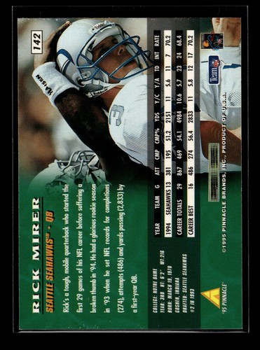 Pinnacle #142 1995 Rick Mirer (EX)(FTB) - Imagen 2 de 2