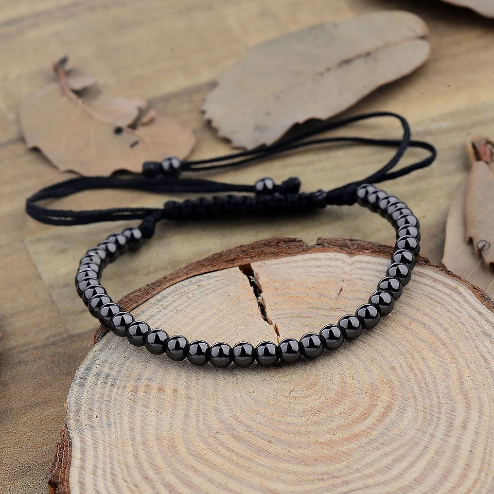 Hombres Negro Micro Pavé 4MM Bolas Cuentas Trenzado Ajustable Dije Pulsera Hecha a Mano Foto 3 de 4