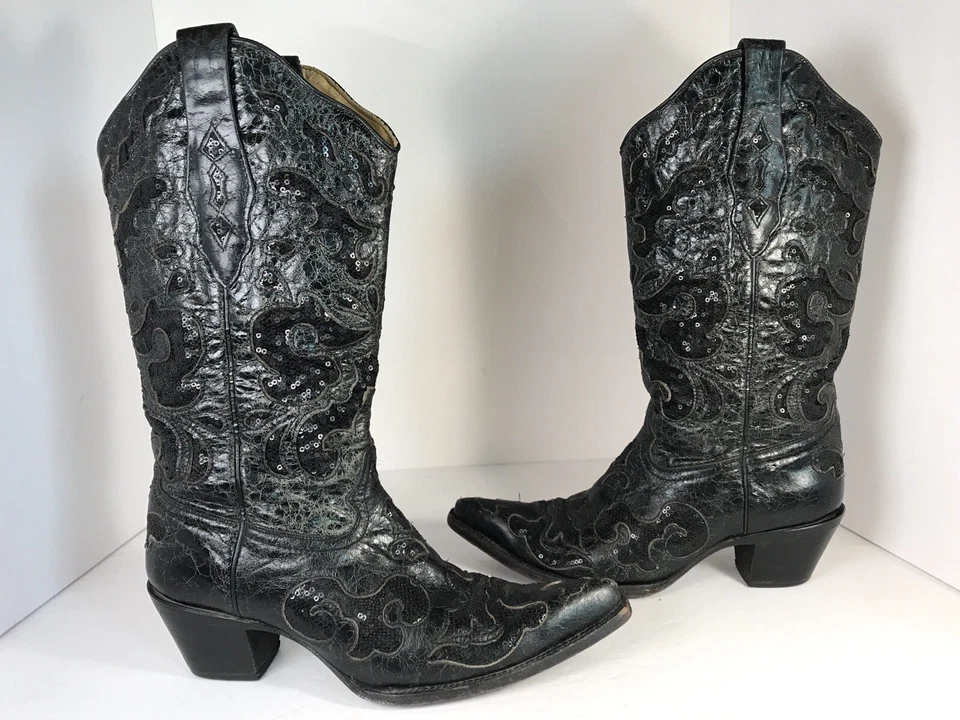 Botas de vaquero Corral Sequence para mujer talla 9 M negras con incrustaciones de cuero de cabra brillantes Foto 3 de 4