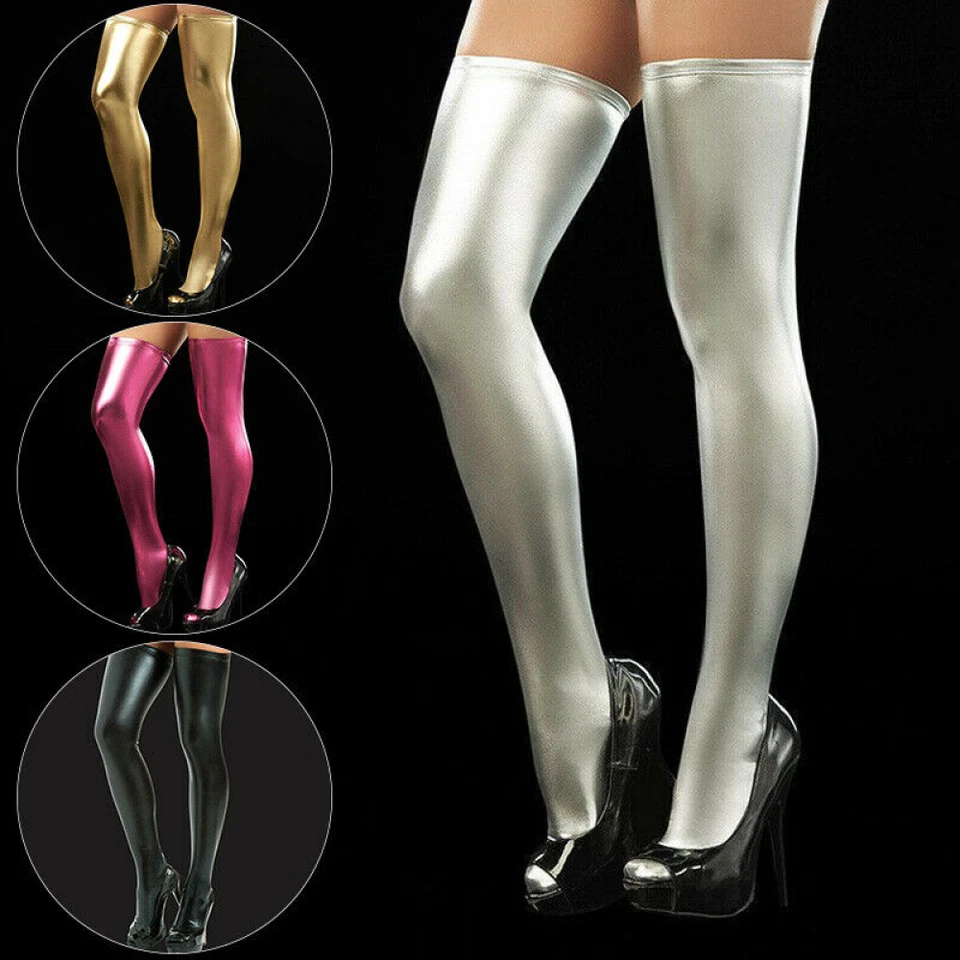 Women Long PU Leather Socks PU Leather Thigh High Stockings Sexy Clubwear Party - Image 2 of 4