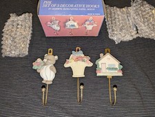3 New Vintage Hand painted Nursery Wall Hook Set 6" Teddy Bear Flower Basket HTF