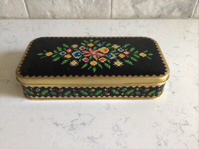 Vintage PERUGINA Candy Bonbons Tin ~ Italy Crosstitch Flowers Black Gold