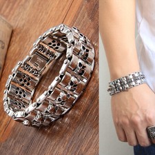 Men Heavy Skull Biker Bracelet Gothic Stainless Steel Motorcycle Chain 7.1-9.4"