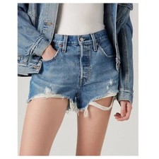 LEVI'S 501 Shorts Women's 32 Cutoff Jean Distressed Button Fly Medium Wash