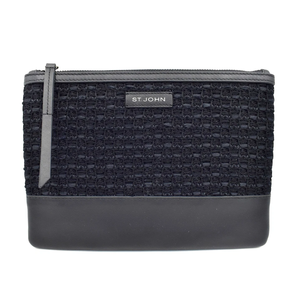 Bolso sin asas St. John Knits negro tejido/cuero recortado bolso plano bolso monedero Foto 2 de 4