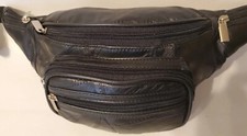 6 Zippered Pocket BLACK Faux Leather Fanny / Waist Pack