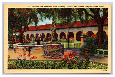 Vtg Mission San Fernando Memory Garden, Father Junipero Serra Statue Postcard 