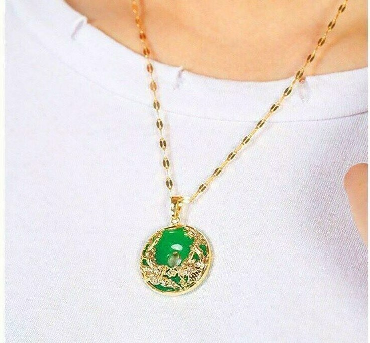24K Gold Plated Dragon Phoenix Pendant Malaysia Jade Jewelry Chain
