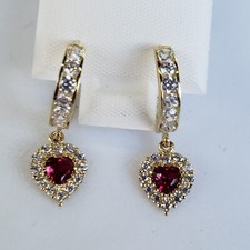 Solid 14k gold Dangling Red Blue Green Heart Small hoop earrings 1 inch long