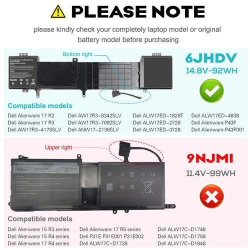 For Dell Alienware 17 R3 17.3" Laptop Battery 6JHDV ALW17ED ALW17ER 14.8V 92Wh - Picture 2 of 12