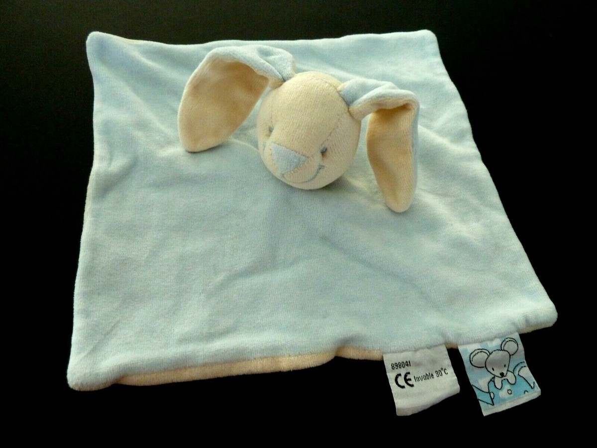 DOUDOU PLAT AMTOYS LAPIN BLANC BLEU BLANC ECRU SOURIS FROMAGE TTBE