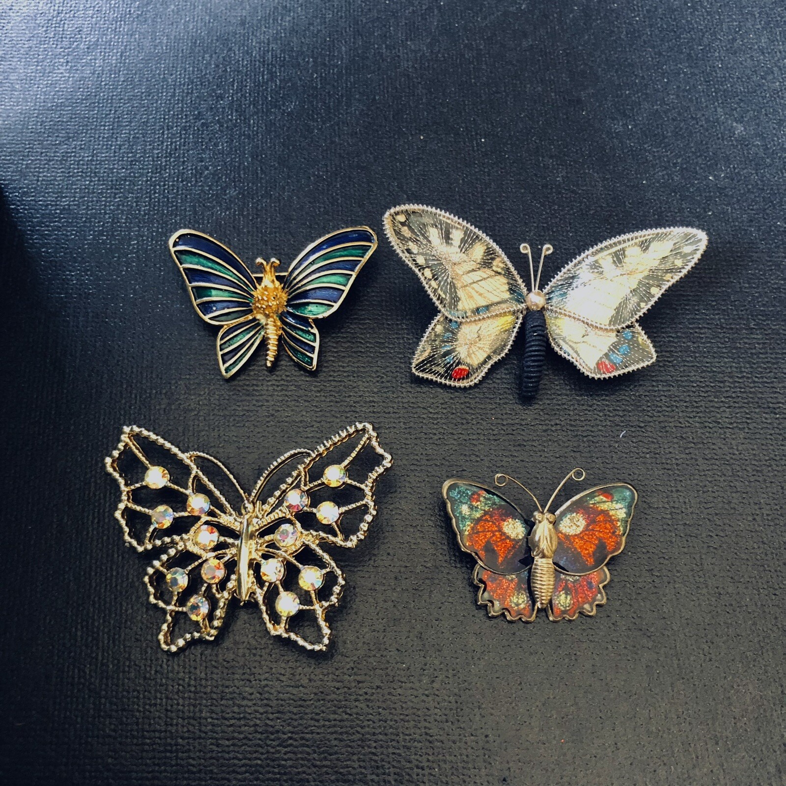 Butterfly Lapel Brooch Pin Enamel Pewter Metal Rhinestones Glamour Jewelry 4pc