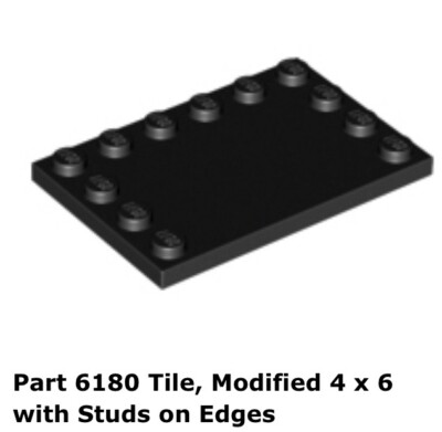 Lego 1x 6180 Black Tile, Modified 4 x 6 with Studs on Edges 7161