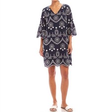 Karen Kane Flare Sleeve Embroidered Mini Dress Navy With Off White
