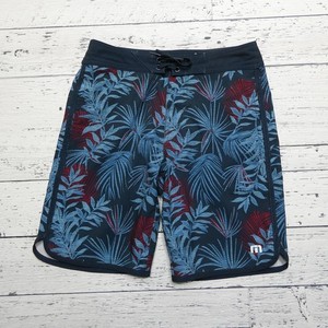 TravisMathew Shorts Boys Large Navy Blue Red Palm Leaf Board Shorts Swim Trunks