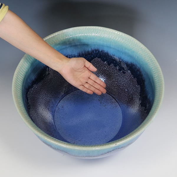 Shigaraki Blue Glass-Glazed Ceramic Water Bowl for Fish/Water Lilies