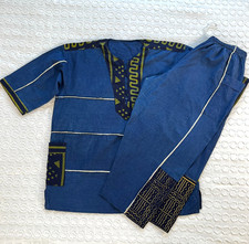 Traditional African Dashiki Shirt  Pants Set Blue Geometric Pattern