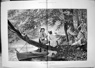 Alter antiker Druck 1885 Fluss Picknick Romantik Boot Bäume Natur Woodville 19.