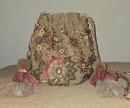 ZARA Beaded Bohemian Drawstring Tassels Cotton Linen Shoulder Crossbody Handbag