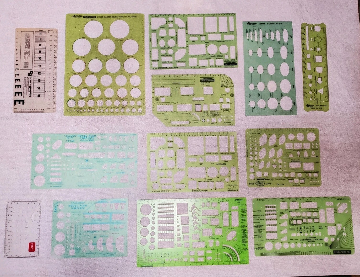 13 Vintage Drafting Templates Pickett, Staedtler, Timely, Westcott, Rapiddesign