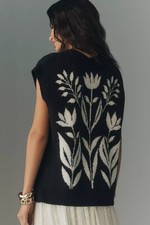 By Anthropologie Button-Front Sweater Vest Cardigan Black Floral Size L NWT