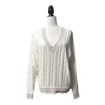 Vintage Cable Knit Cricket Sweater Made in Great Britain Oversize XL Pastel Trim