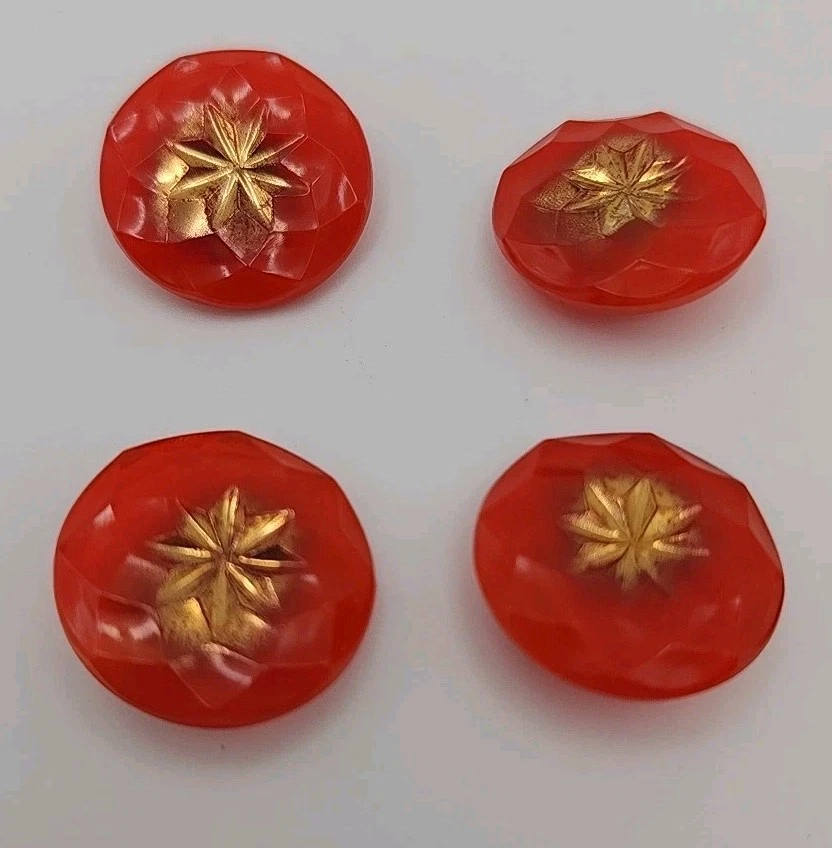Vintage Czech Glass Faceted Orange Gold Tone Etched Glass Metal Shank Button Lot - Image 2 of 4