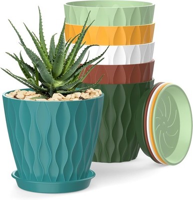 4 Inch Plant Pots, 6 Pack Indoor Flower Pots, Planters with Drainage Holes and T