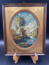 Quadro ovale sul rame paesaggio cascata cornice d'orato Firmato Van Ros