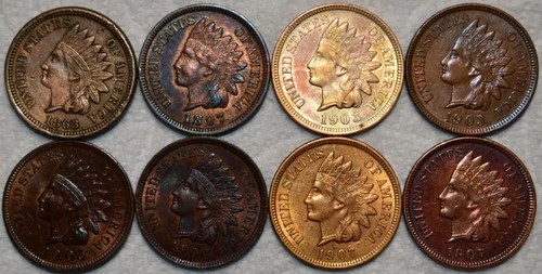 8x AU-UNC Indian Head Cent, 1863, 1897, 2x 1903, 1905, 1906, & 2x 1907