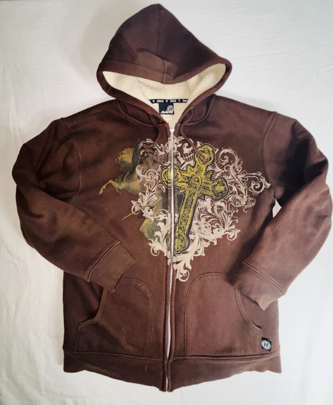 Vintage Y2K Grunge Cross Brown Large Sherpa Lined Zip Up Hoo