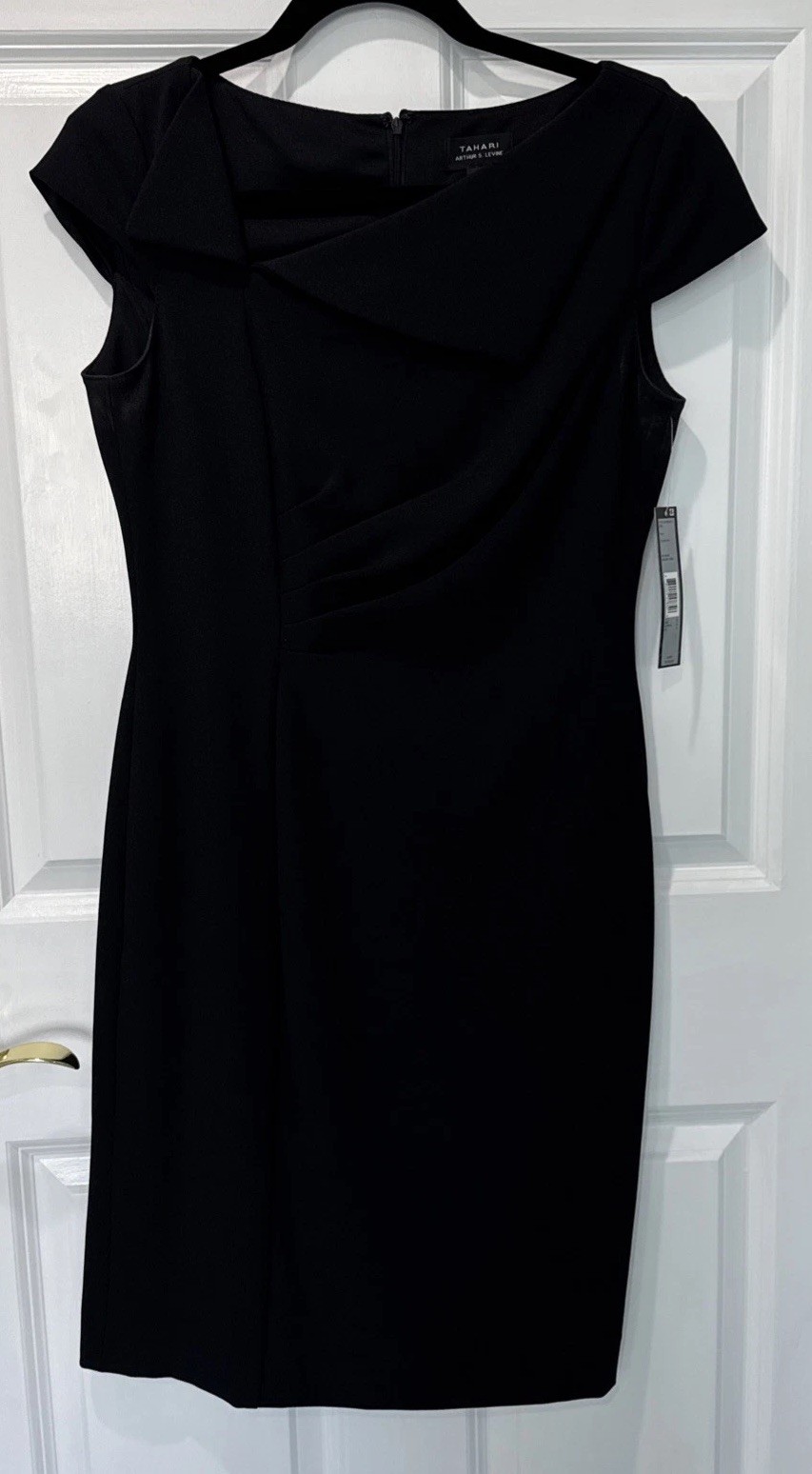 NEW TAHARI Black A-Symmetrical Cap Sleeve Knee Length Sheath Cocktail Dress 6