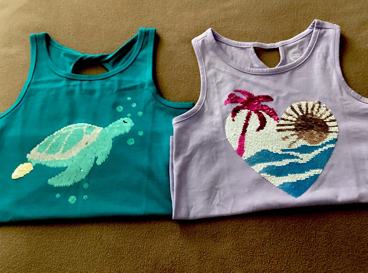 Girls Size 7-8 Summer Tops, Sequined Designs, Detail at Back Neckline, NWT