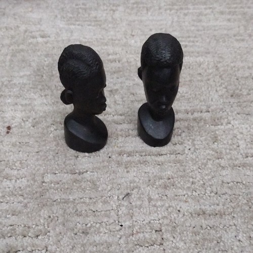 Hand Carved African Wooden Pair Bust Figurines Handmade Sculpture Art - Picture 3 of 5