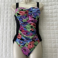 Vintage Lands End Swimsuit Womens 12 Colorful Ruched One Piece Retro 80s Pinup