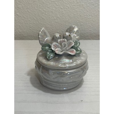 VTG Iridescent Ceramic Trinket Box Two Birds Flower Keepsake Jewelry Ring Dish