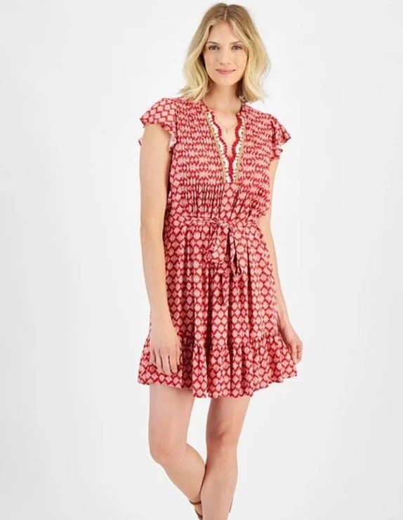 Nautica Jeans Women’s Crochet-Trim Flutter-Sleeve Short Dress, Red, L