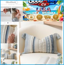 Boho Coastal Lumbar Throw Pillow Cover 14x24 Blue Cream White Couch Sofa Decor