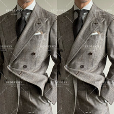 Double Breasted Men's Suit Houndstooth Double Breasted Jacket Tuxedo Formal 2Pcs