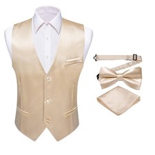 Mens Light Champagne Suit Vest Bow Tie Set 4PCS Formal V-neck Slim Fit Waistc...