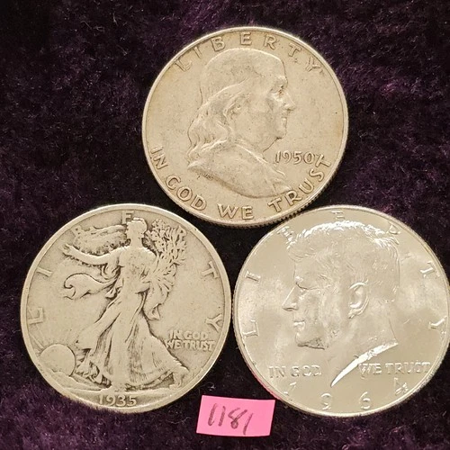 LOT of 3 🇺🇲🔥G-AU🔥1935 Walking Liberty 1950 1964 Silver Half Dollars 1181