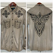 Roar Shirt Men Medium Beige Faded Distressed Embroidery Long Sleeve