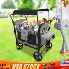  Folding Baby Stroller Wagon Cart For 4 Kids, Face To Face High Seat With Canopy