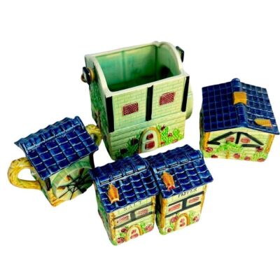 VINTAGE BLUE ROOF COTTAGE KITCHEN SET JAPAN SALT PEPPER UTENSIL HOLDER CERAMIC