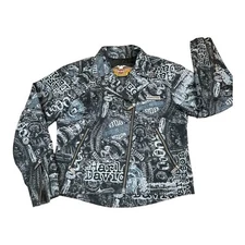 Harley Davidson Full Zip Graphics Gray Black Lined Riding Jacket Women Medium
