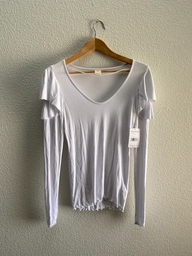 Free People Round Neck Ruffle Shoulder Long Sleeve Small NWT OB672766 White
