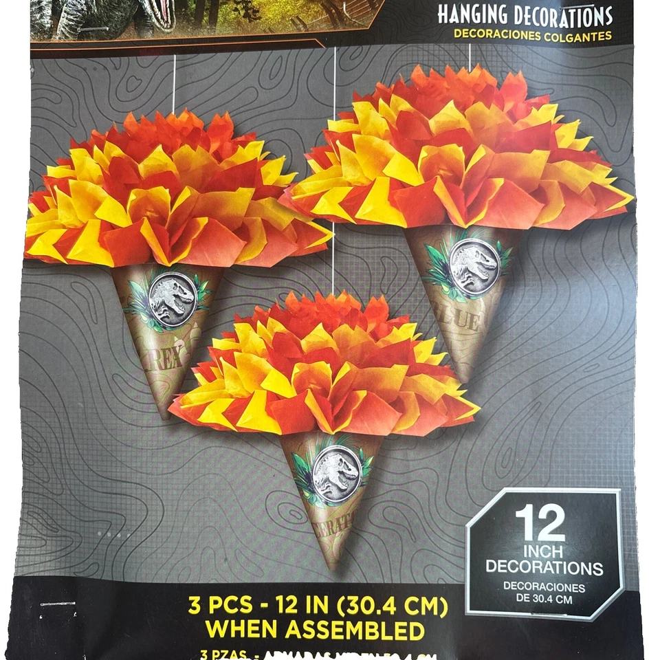 JURASSIC WORLD 3 PIEZAS Colgante Dino Decoraciones Fiesta de Cumpleaños NUEVO En Paquete Sellado Foto 3 de 4