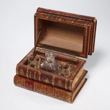 Antique Leather Book French Liquor Decanter Tantalus Faux Book Safe Box Set B