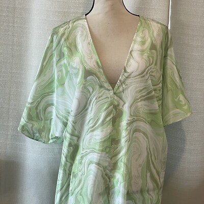 H&M WOMENS KAFTAN DRESS GREEN MARBLED V-NECK SIZE M NWT
